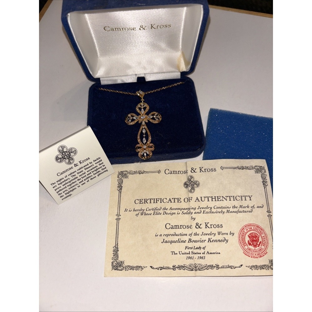 Camrose & Kross JBK Vintage Gold Tone Cross Pendant Necklace Certificate‎ In Box